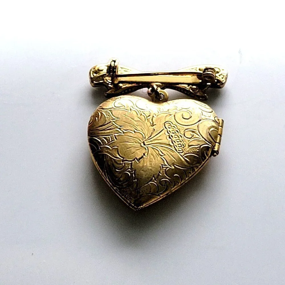 Heart Locket Pendant Brooch Pin Gold Tone Etched Floral Bow Design Faux Pearl